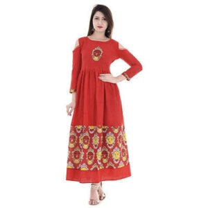 Mustard Face Print Flared Cotton Slub Kurti -GRE