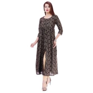 Matoka Women Leaf Golden Printed Frontslit Anarkali Kurti  - sozo