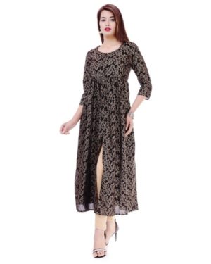 Matoka Women Leaf Golden Printed Frontslit Anarkali Kurti  - sozo