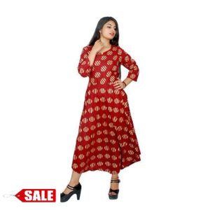Red Printed Rayon A-Line Kurta For Women's - GRE