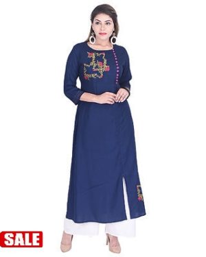 Blue Printed Rayon Straight Kurti - GRE