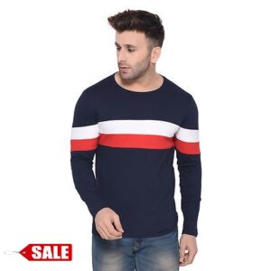 Navy Blue Colourblocked Cotton Round Neck Tees - GRE