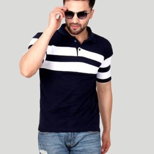 Men's Blue Cotton Blend Colourblocked Polos - GRE