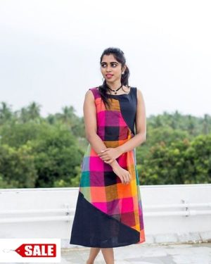 Checked Dress In Slub Cotton Fabric - GRE