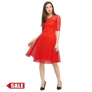 Red Crepe Solid Fit and Flare Dress - GRE