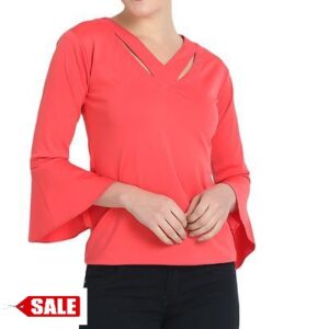 Pink Cotton Blend V Neck Long Sleeve Top - GRE