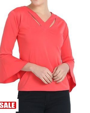 Pink Cotton Blend V Neck Long Sleeve Top - GRE