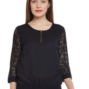 Crepe Black Color Net sleeve Closer is Zip Plain Top - GRE