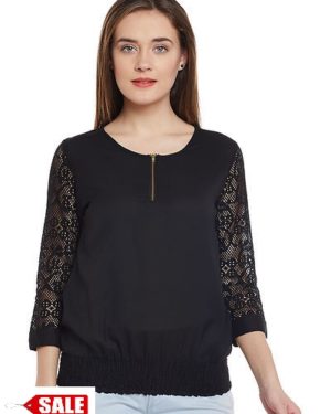 Crepe Black Color Net sleeve Closer is Zip Plain Top - GRE