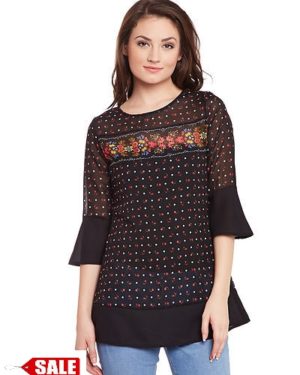 Georgette Black Color Floral Printed Tops - GRE