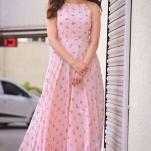 Rayon 14 Kg Pastel Pink Printed Gathered Gown - GRE