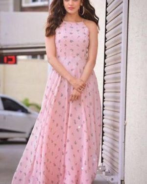 Rayon 14 Kg Pastel Pink Printed Gathered Gown - GRE