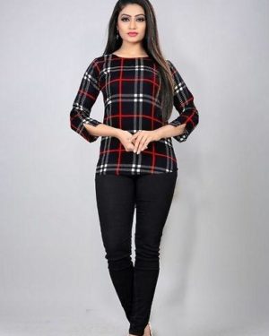 Black Poly Crepe Checked Top