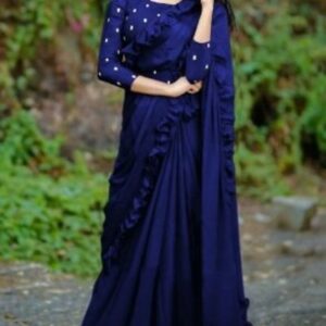 Blue Silk Blend Solid Saree with Blouse piece - GRE