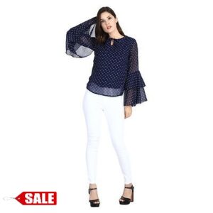 Navy With White Dott Fril Sleeves Top - GRE