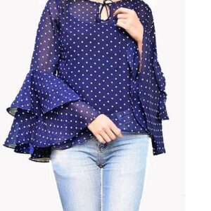 Navy Blue Dot Print Bell Sleeve Top - GRE