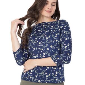 Blue Embroidered Crepe Crop Top For Women's - GRE