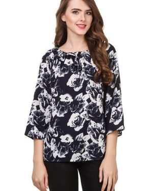 Navy Blue Printed Crepe  Top - GRE