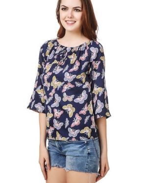 Blue Printed Crepe  Top - GRE