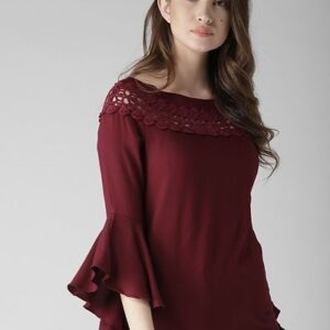 Maroon Boat Neck Bell Sleeve Top - GRE