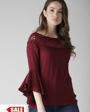 Maroon Boat Neck Bell Sleeve Top - GRE