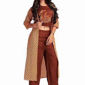 Rayon Embroidered Top & Solid Brown With Jacket - GRE