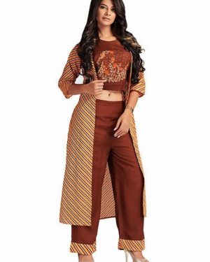Rayon Embroidered Top & Solid Brown With Jacket - GRE