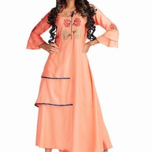 Rayon Semi Layer Bell Sleeves Pink Kurti - GRE