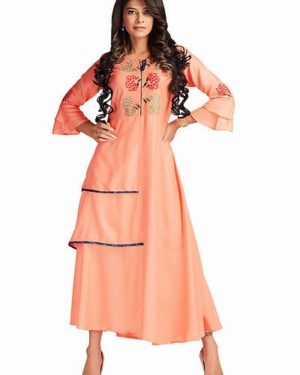 Rayon Semi Layer Bell Sleeves Pink Kurti - GRE
