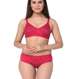 Pink Printed Cotton Hosiery B-Cup Bra & Panty Set - GRE