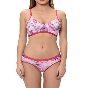 Pink Printed Cotton Hosiery Non-Padded B-Cup Bra And Panty - GRE