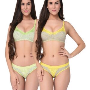 Lightgreen-Yellow Printed Cotton Hosiery Non-Padded B-Cup Bra And Panty (Set Of 2) - GRE