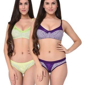 Lightgreen-Purple Printed Cotton Hosiery Non-Padded B-Cup Bra And Panty (Set Of 2) - GRE