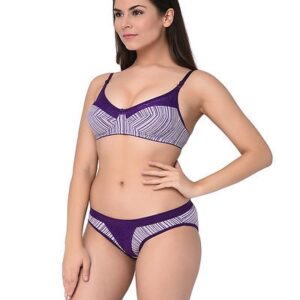 Lightgreen-Purple Printed Cotton Hosiery Non-Padded B-Cup Bra And Panty (Set Of 2) – GRE