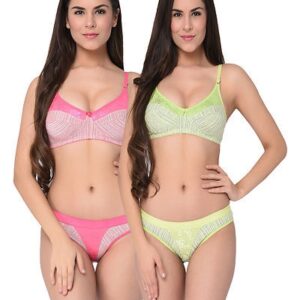 Babypink-lightgreen Printed Cotton Hosiery Non-Padded B-Cup Bra And Panty (Set Of 2) - GRE