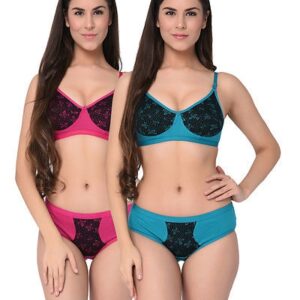Pink-Rama Printed Cotton Hosiery Non-Padded B-Cup Bra And Panty (Set Of 2) - GRE