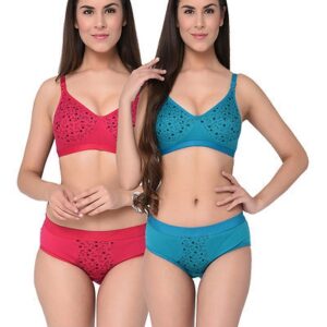 Pink-Rama Printed Cotton Hosiery Non-Padded B-Cup Bra And Panty (Set Of 2) - GRE