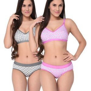 Grey-Pink Printed Cotton Hosiery Non-Padded C-Cup Bra And Panty (Set Of 2) - GRE