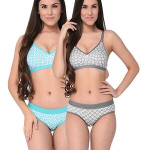 Grey-Green Printed Cotton Hosiery Non-Padded C-Cup Bra And Panty (Set Of 2) - GRE