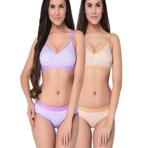 Brown-Purple Printed Cotton Hosiery Non-Padded C-Cup Bra And Panty (Set Of 2) - GRE