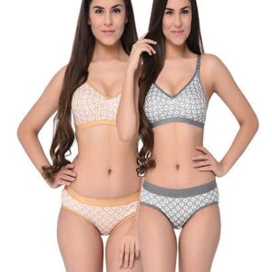 Brown-Grey Printed Cotton Hosiery Non-Padded C-Cup Bra And Panty (Set Of 2) - GRE