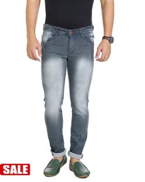 Men's Grey Cotton Blend Acid Wash Slim Fit Mid-Rise Jeans - GRE