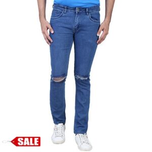 Men's Blue Denim Distress Regular Fit Jeans - GRE