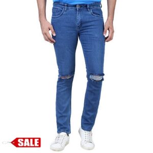 Men's Blue Denim Distress Regular Fit Jeans - GRE