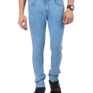 Light Blue Solid Cotton Blend Slim Fit Jeans - GRE