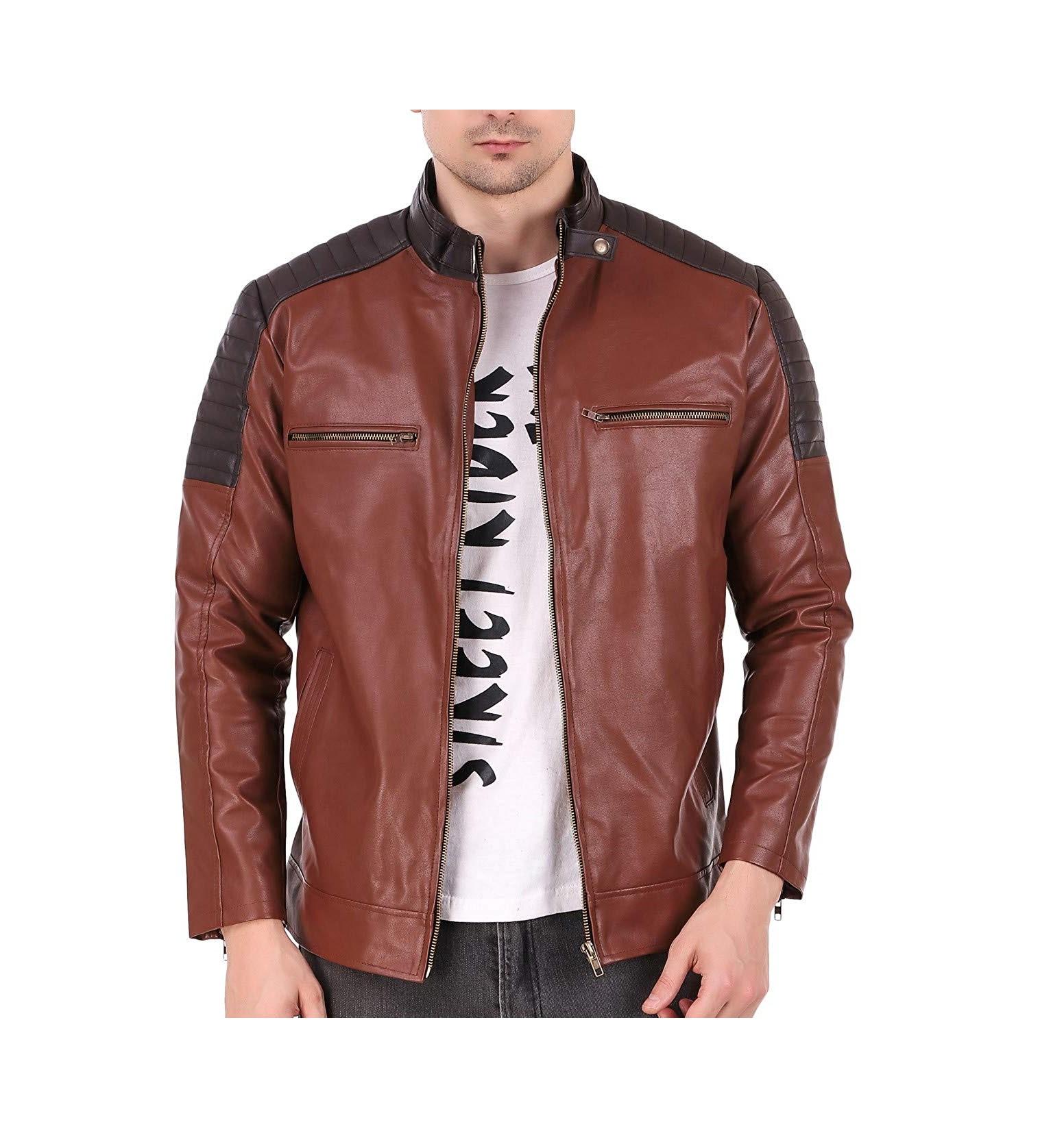 5388586077.jpeg Rexine Leather Color Block Mens Jacket - sozo