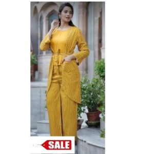 Rayon Stripes Crop Top With Pant And Shrug - GRE