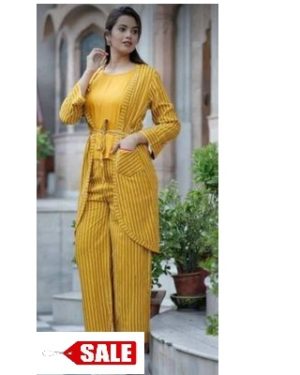 Rayon Stripes Crop Top With Pant And Shrug - GRE