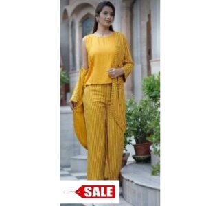 Rayon Stripes Crop Top With Pant And Shrug – GRE