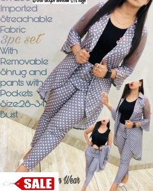 imported stretchable 3pc dress with removable shrug and pants with pocket - GRE